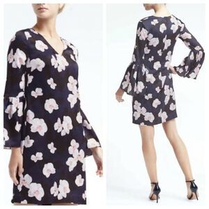 Banana‎ Republic Belle V-Neck Bell Sleeve Floral MIDI Dress Size 0